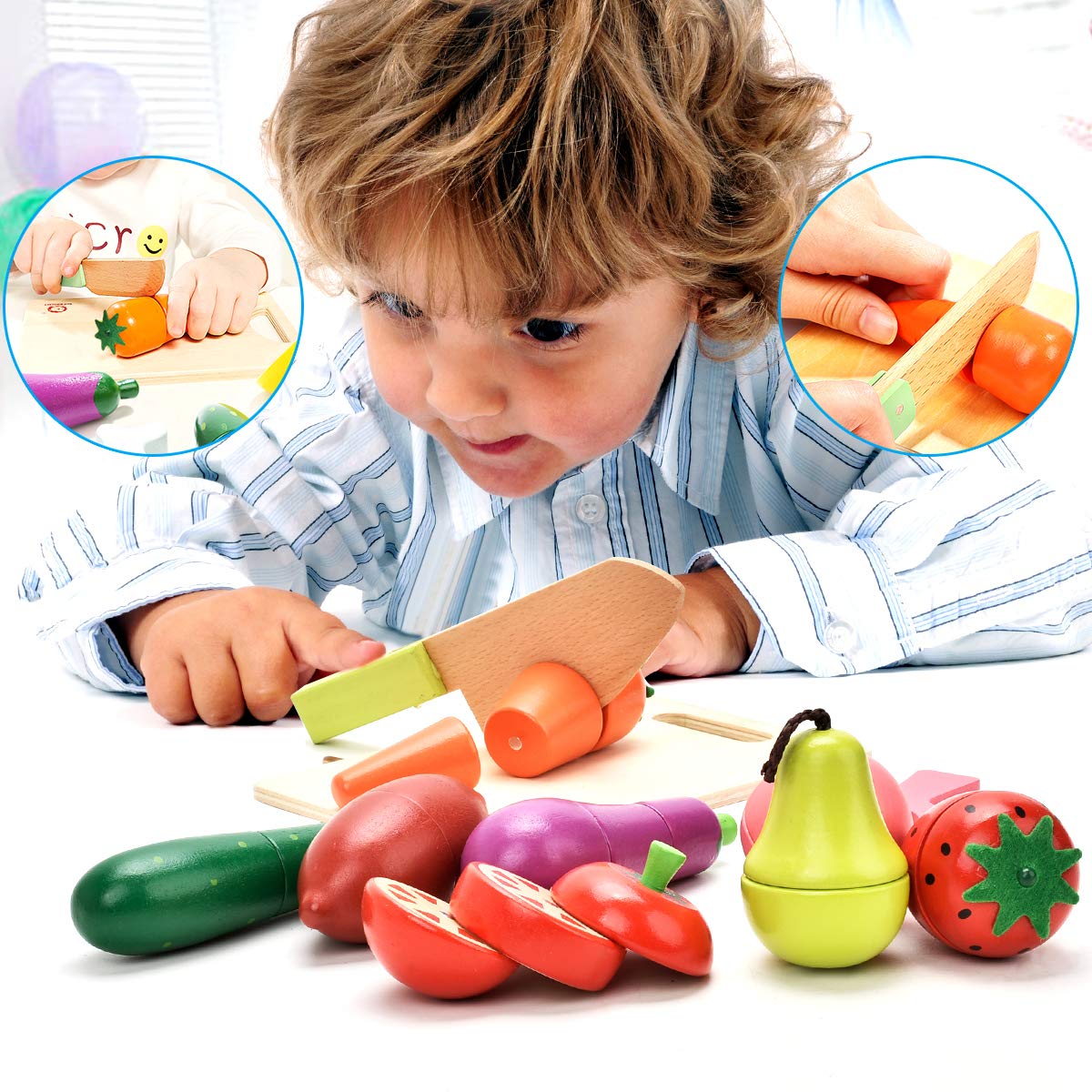 CARLORBO Wooden Play Food for Kids Kitchen – Sliceable Fruits & Veggies, Montessori Pretend Play