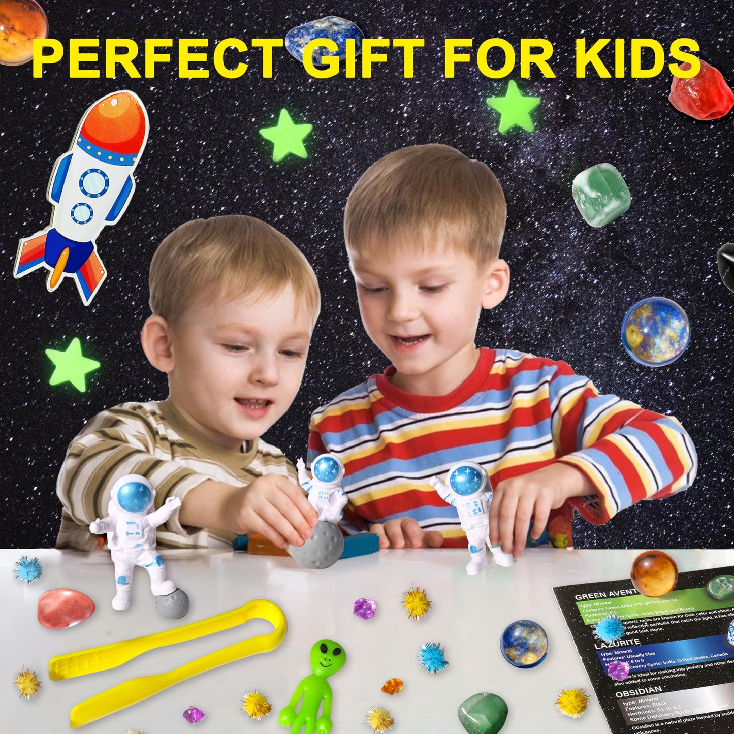 Carolart Galaxy Sensory Bin & Gemstone Dig Kit – 5 Real Gemstones, Space STEM Toy for Kids 3–6