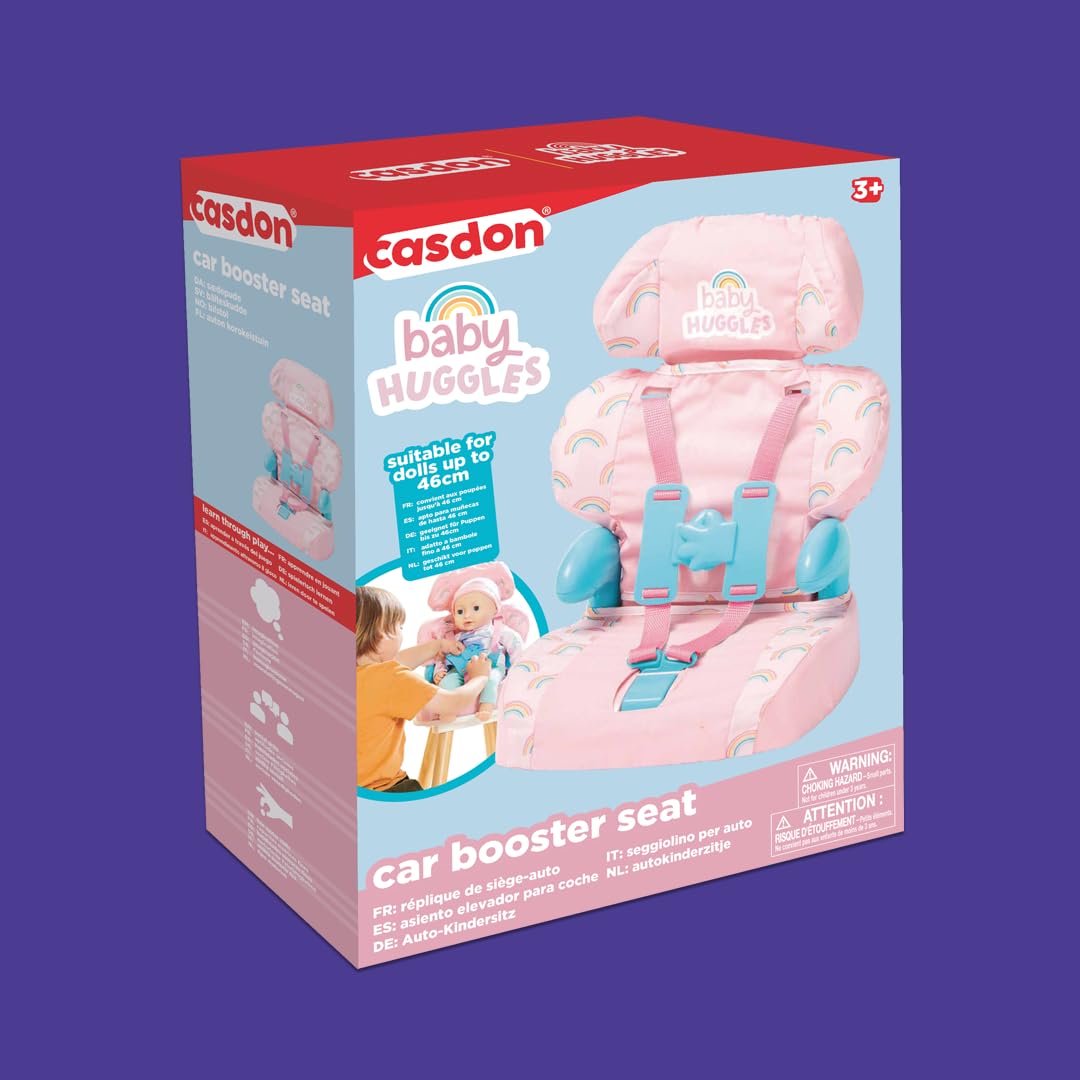Casdon Baby Huggles Pink Booster Seat for Dolls – Adjustable Headrest & Buckles | Fits Dolls Up to 14 Inches | 3+