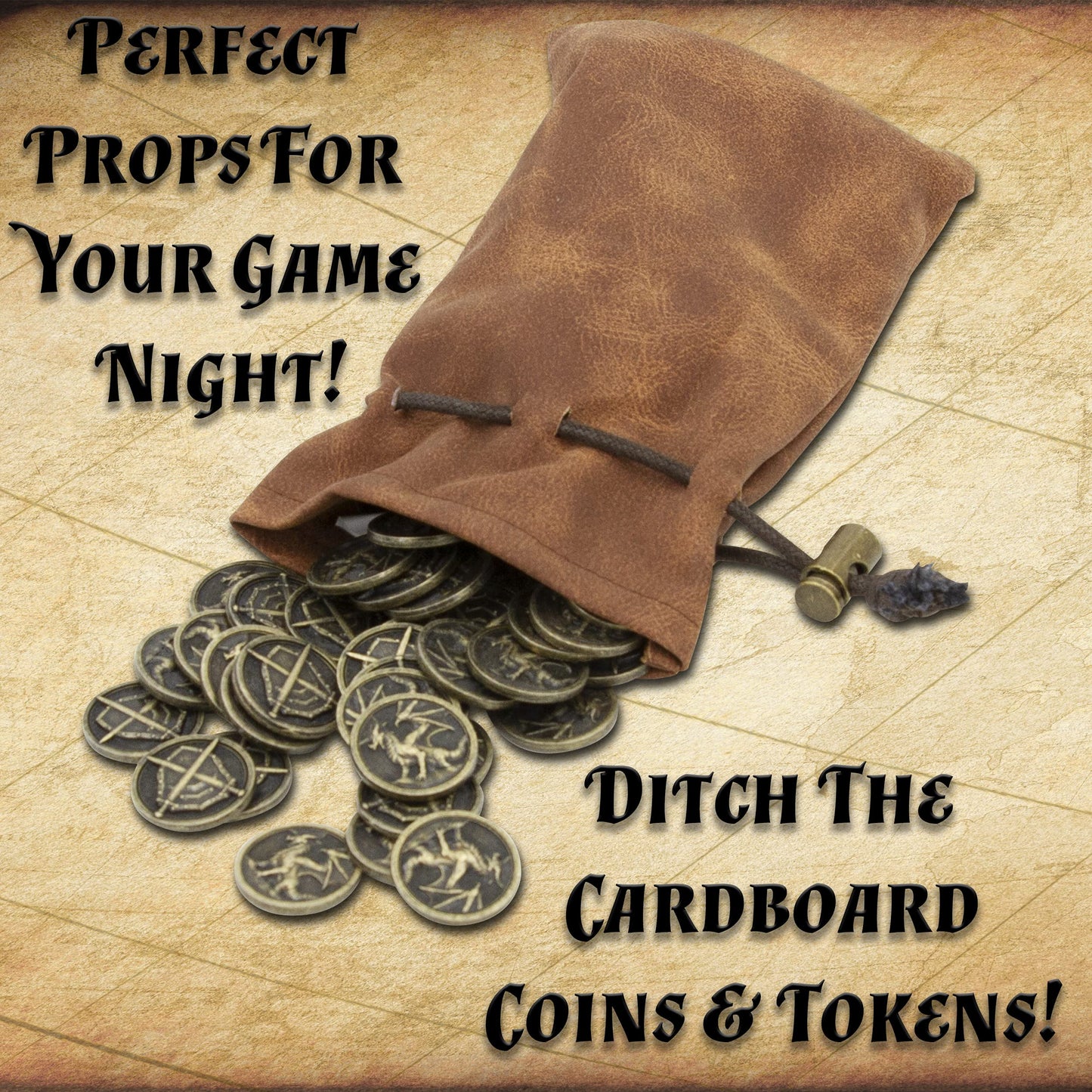CASEMATIX 100 Metal Coins with PU Leather Pouch for RPGs – Dragon & Shield Engraving