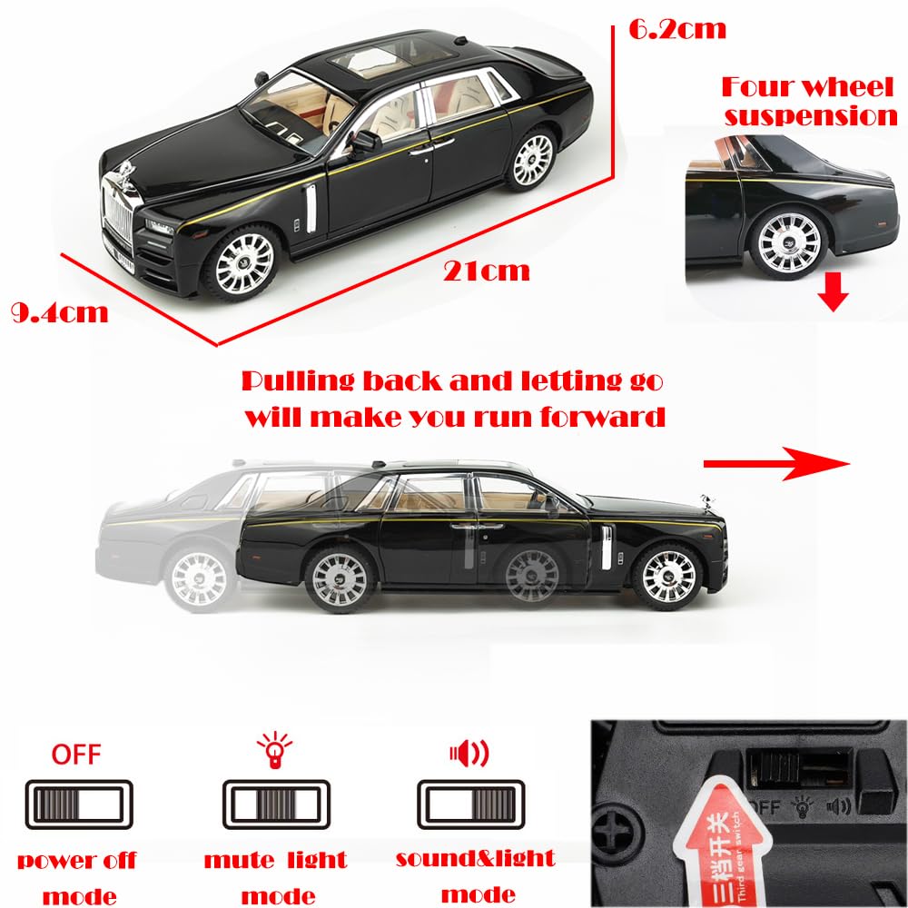 Catovie Rolls-Royce Phantom 1/24 Diecast Car with Sound & Light – Black Alloy Collectible