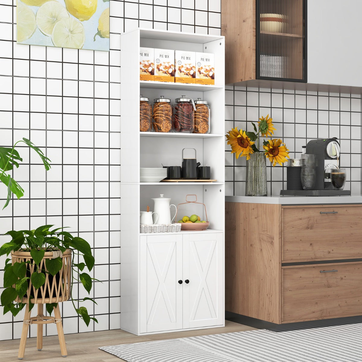 6-Tier Freestanding Bookcase with Farmhouse Style Cabinet Doors-Black
