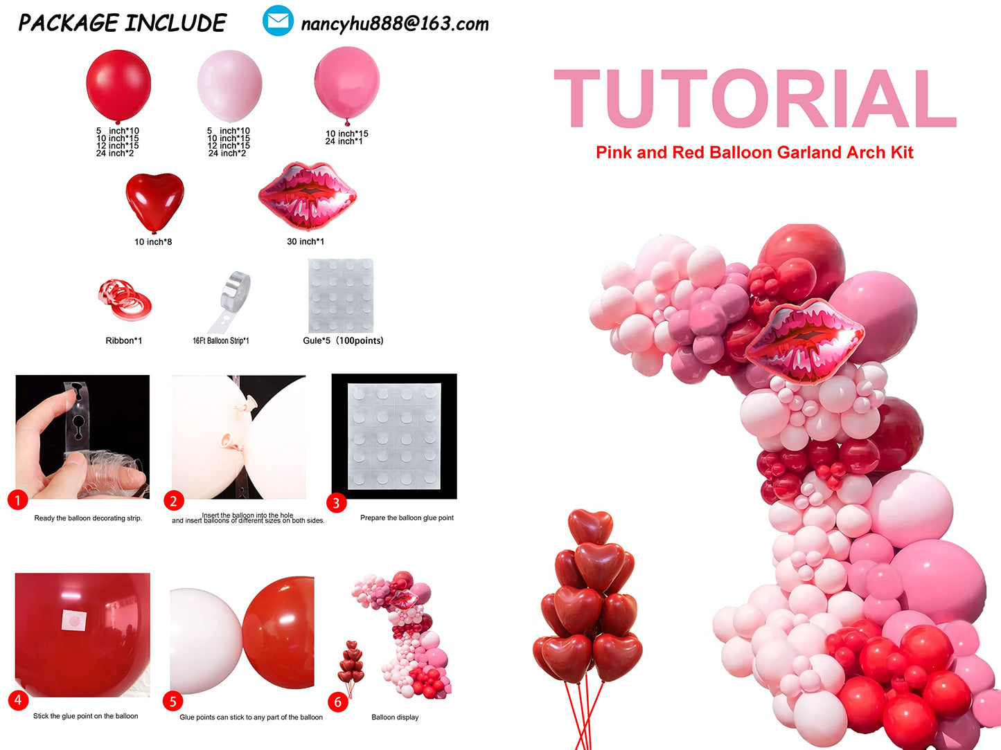 CboDeco Pink & Red Balloons Garland Arch Kit – Heart & Lip Balloons