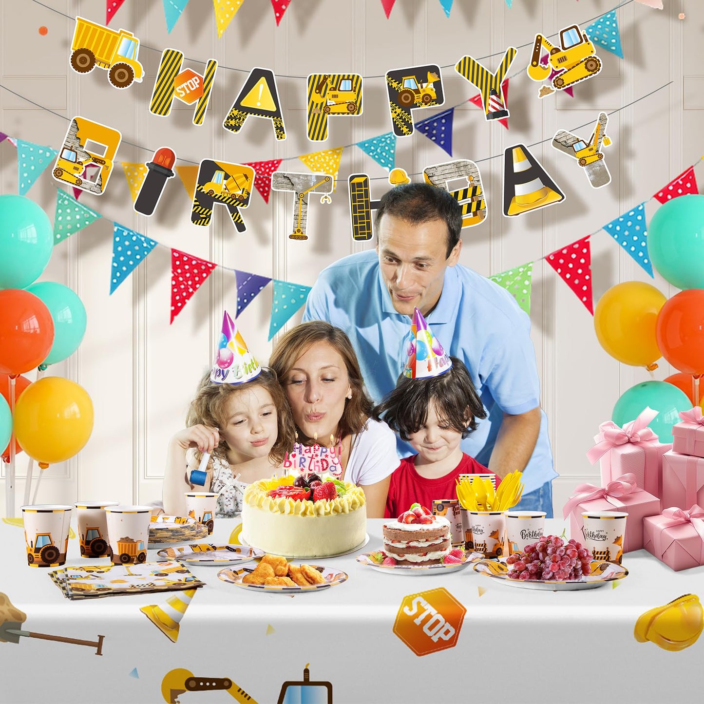 Cecnamt Construction Birthday Decorations – 170 Pcs Party Set for 24 Guests (Banner, Plates, Cups, Napkins, Cutlery, Tablecloth)