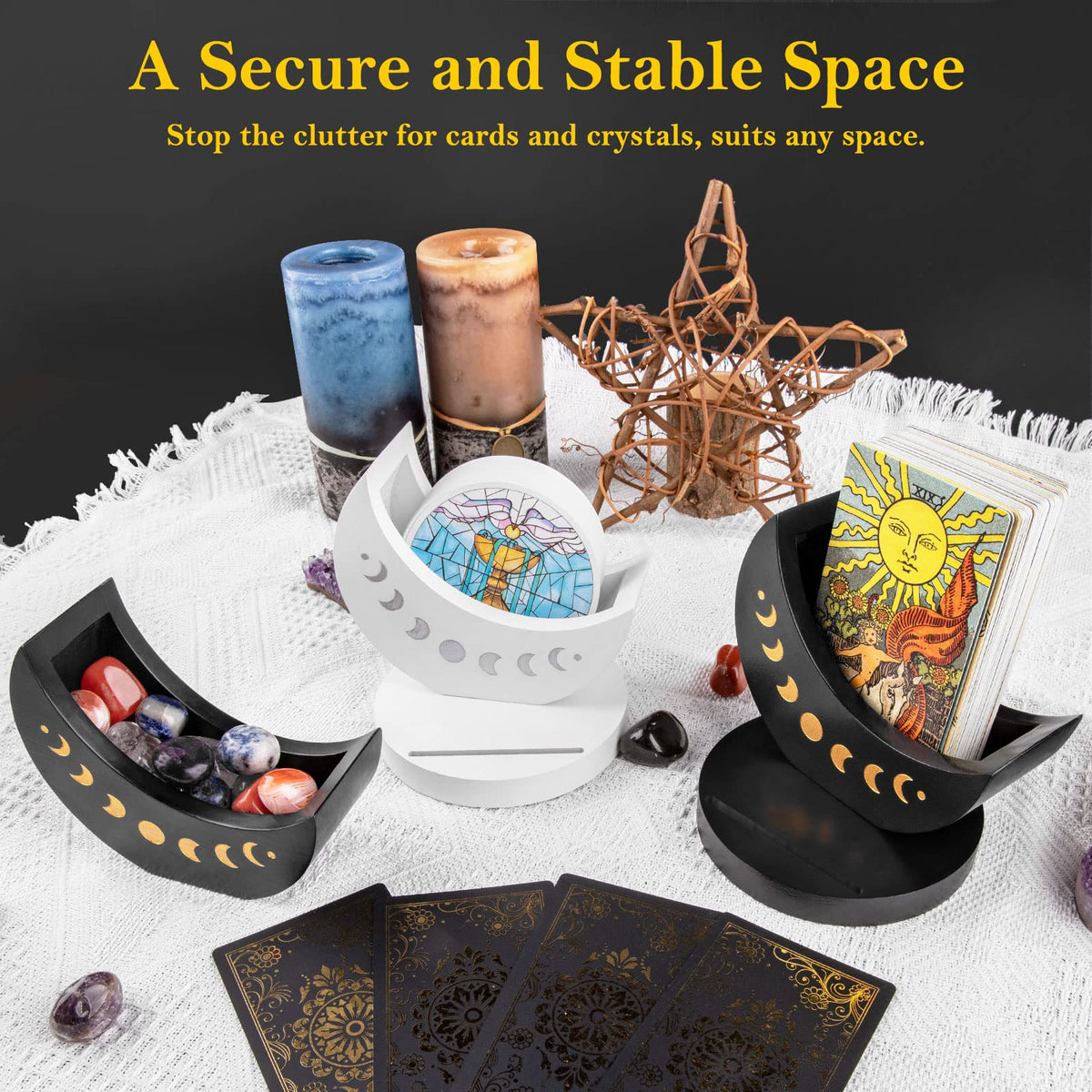 Ceiner Tarot Deck Display Box with Moon Phase Stand – Wood Altar Organizer