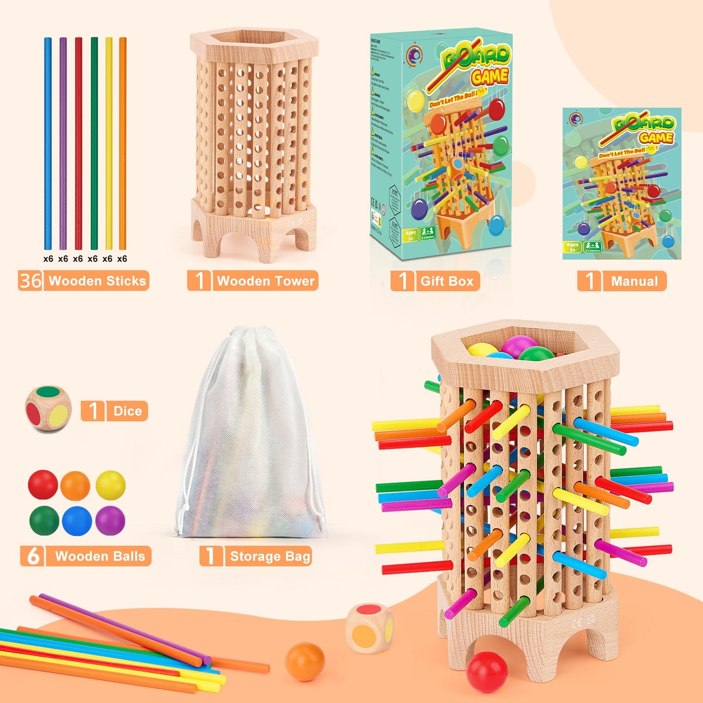 Centtechi Montessori Wooden Board Game – 36 Sticks & 6 Balls for Kids 3-8