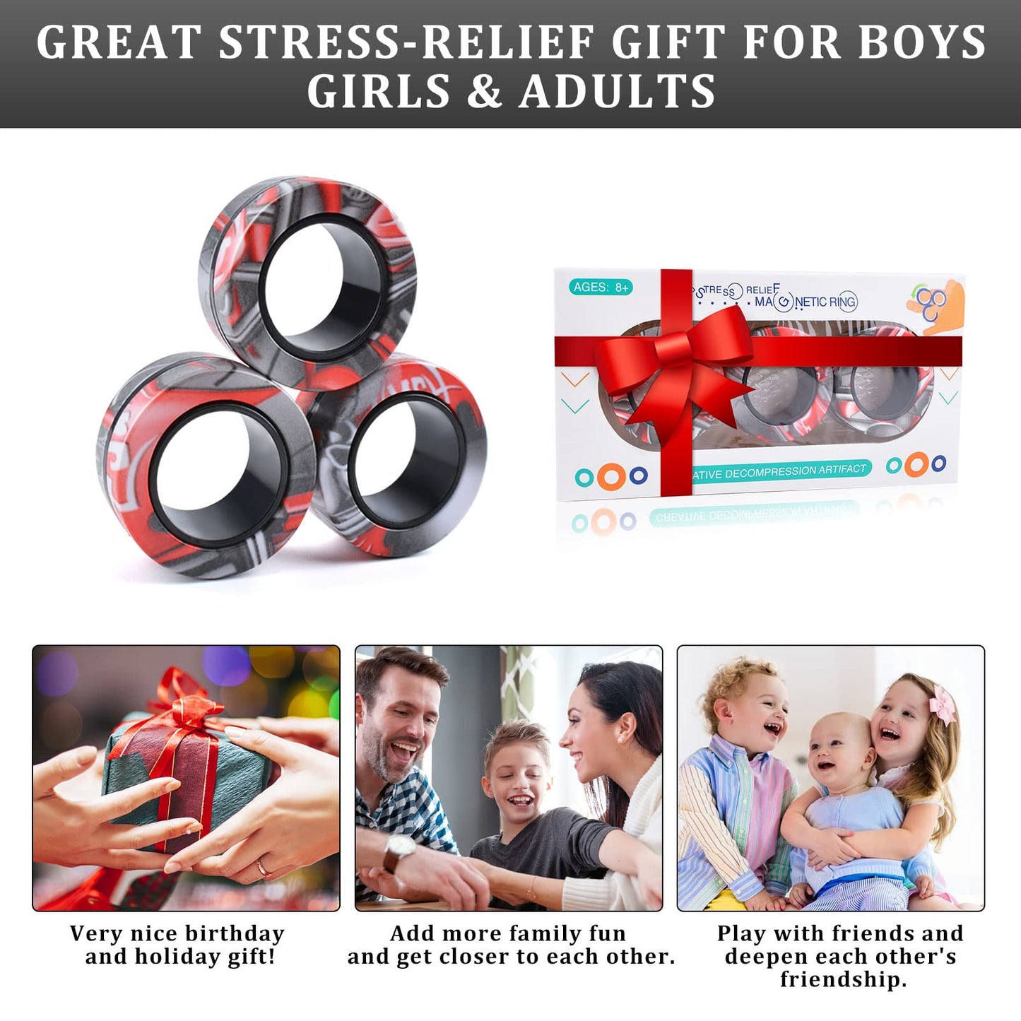 CEVIOCE 3Pcs Magnetic Rings Fidget Toy Set – Portable Focus Aid, Stress Relief, Gift Idea for 8+