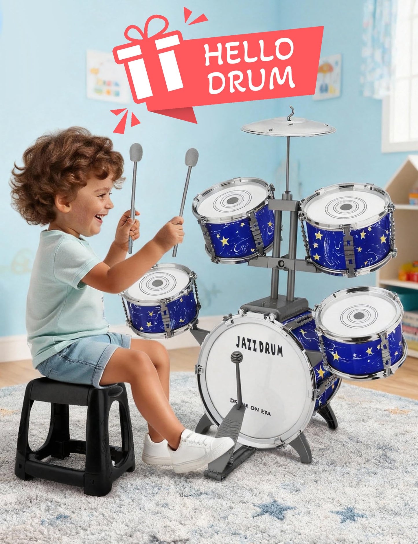 CHADRIGIVS Upgraded Kids Drum Set – 8-Piece Plastic Jazz Kit for Toddlers, Starlight Blue