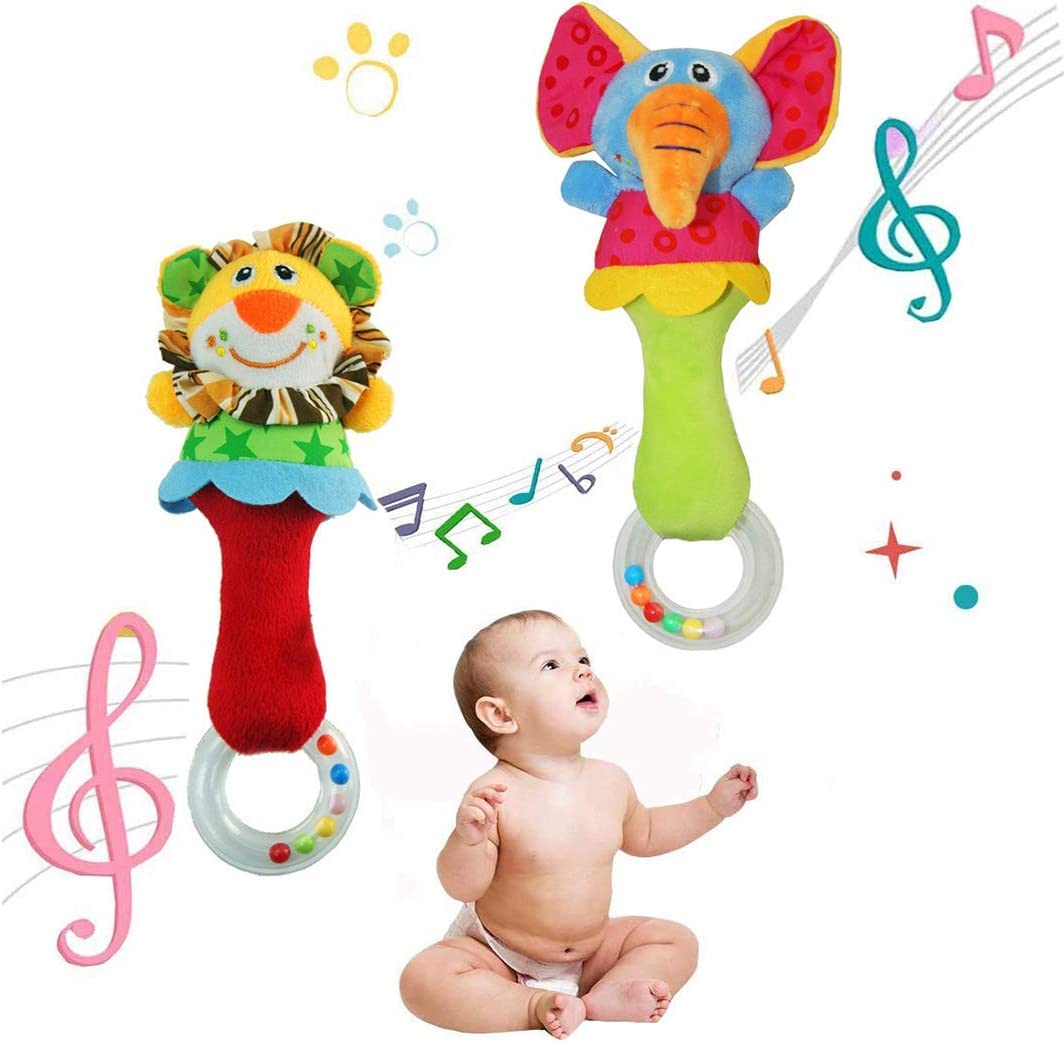 CHAFIN Baby Soft Rattles Shaker – 2-Pack Plush Elephant & Lion Toys for Infants