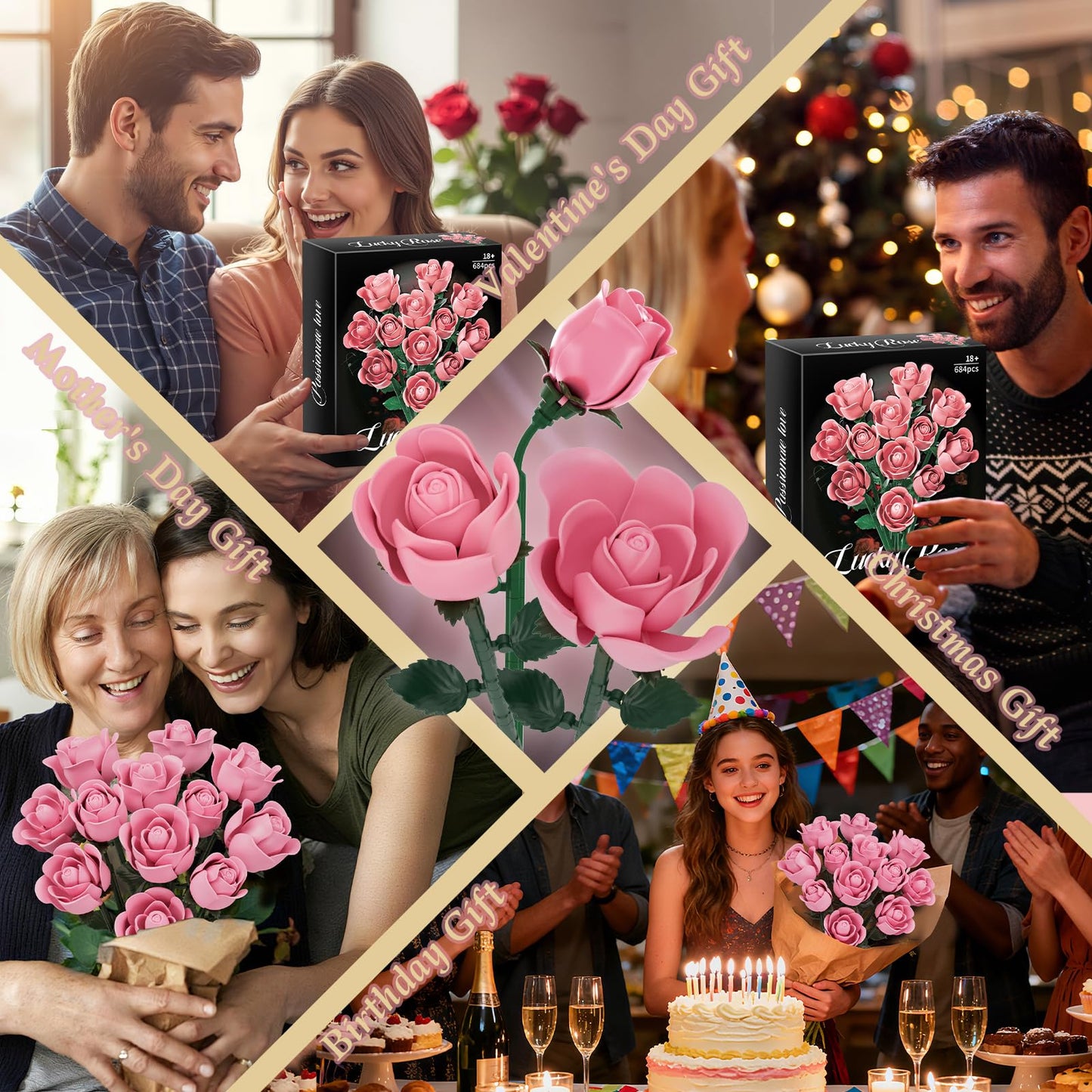 CHBOMTELEY Pink Rose Bouquet Building Set – 684 Pcs, LEGO Compatible, Gift for Adults