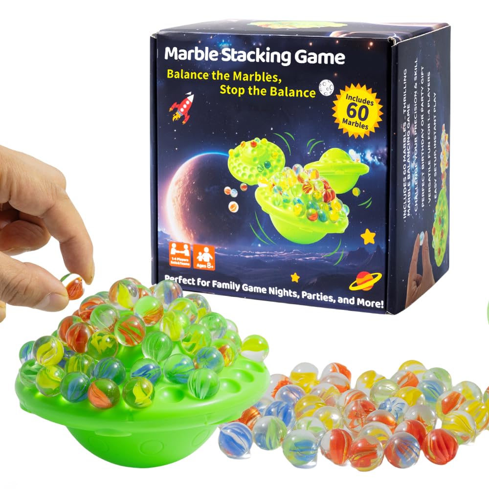Chefensty Wobble Marble Stacking Game – 60 Glass Marbles, Storage Base, 1-4 Players