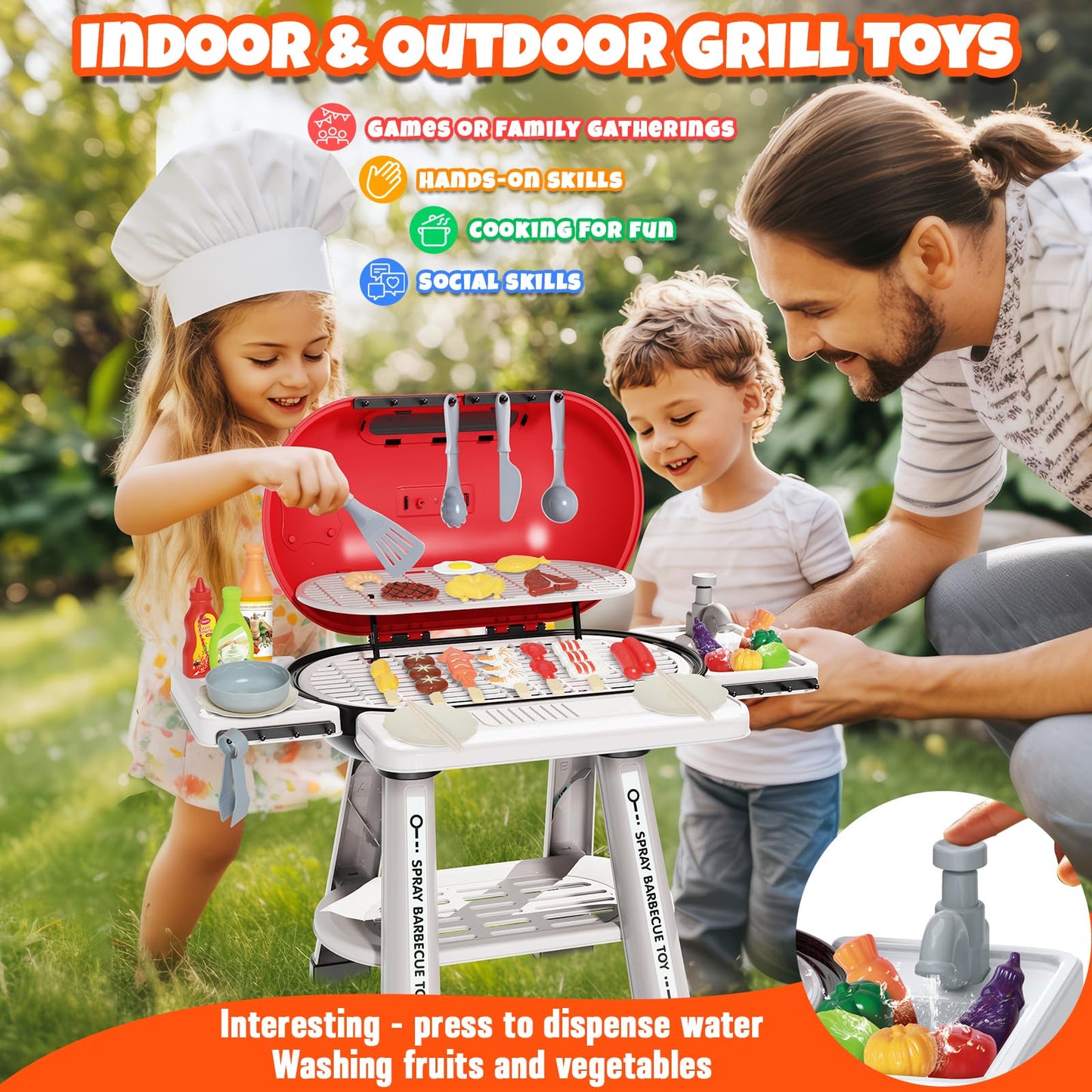 Cheffun Kids Grill Play Kitchen Set – Smoke, Sound & Light BBQ Grill Toy for 3–8 Year Olds
