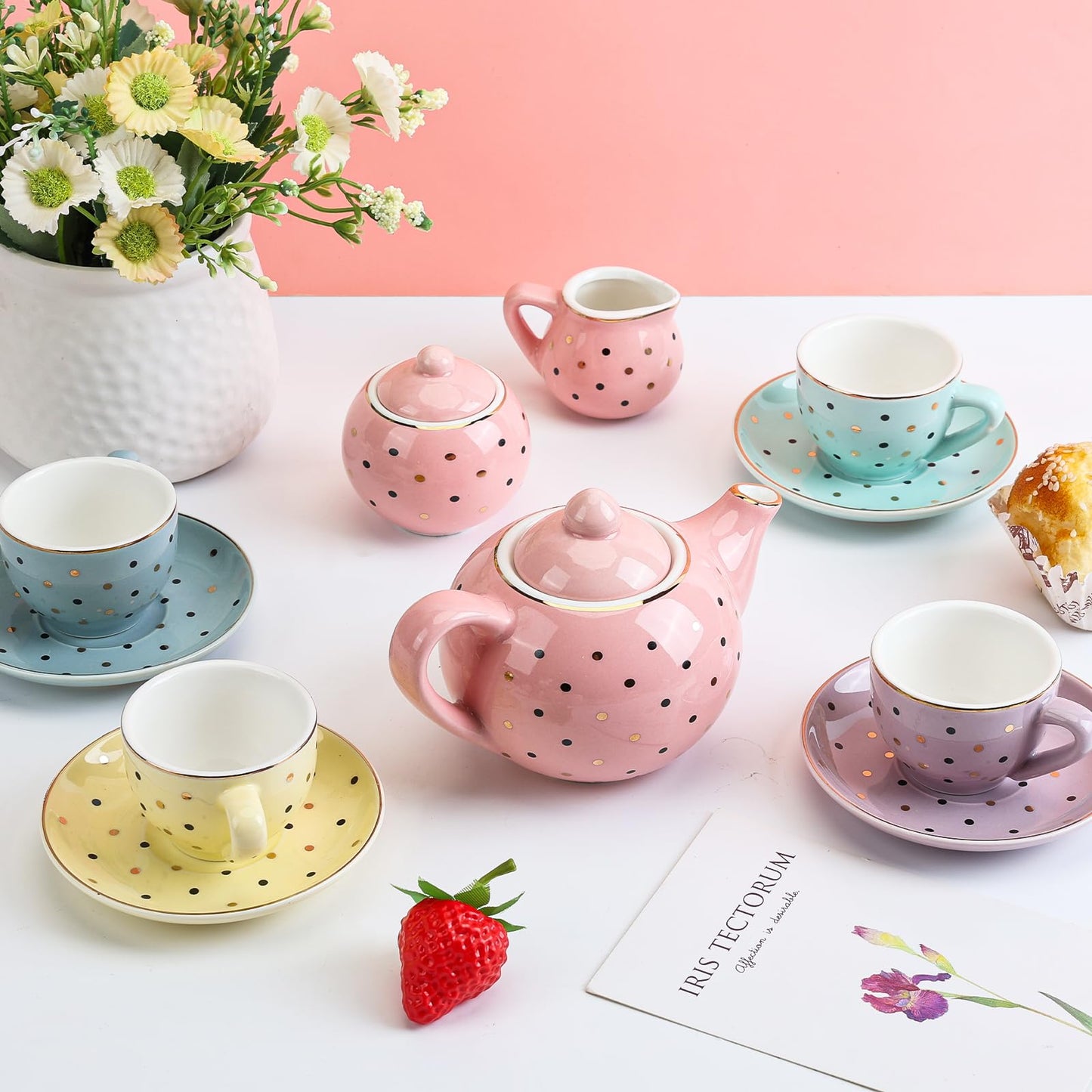 CHENP.HMC Tea Set for Little Girls – Porcelain 13-Piece with Polka Dots & Carrying Case