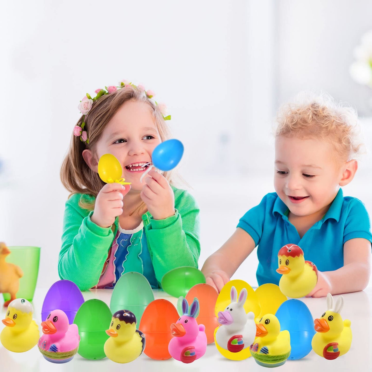 Cherislpy 24 Pcs Prefilled Easter Eggs with Bunny Duckies – Bright Colorful Bath Toys & Party Favors