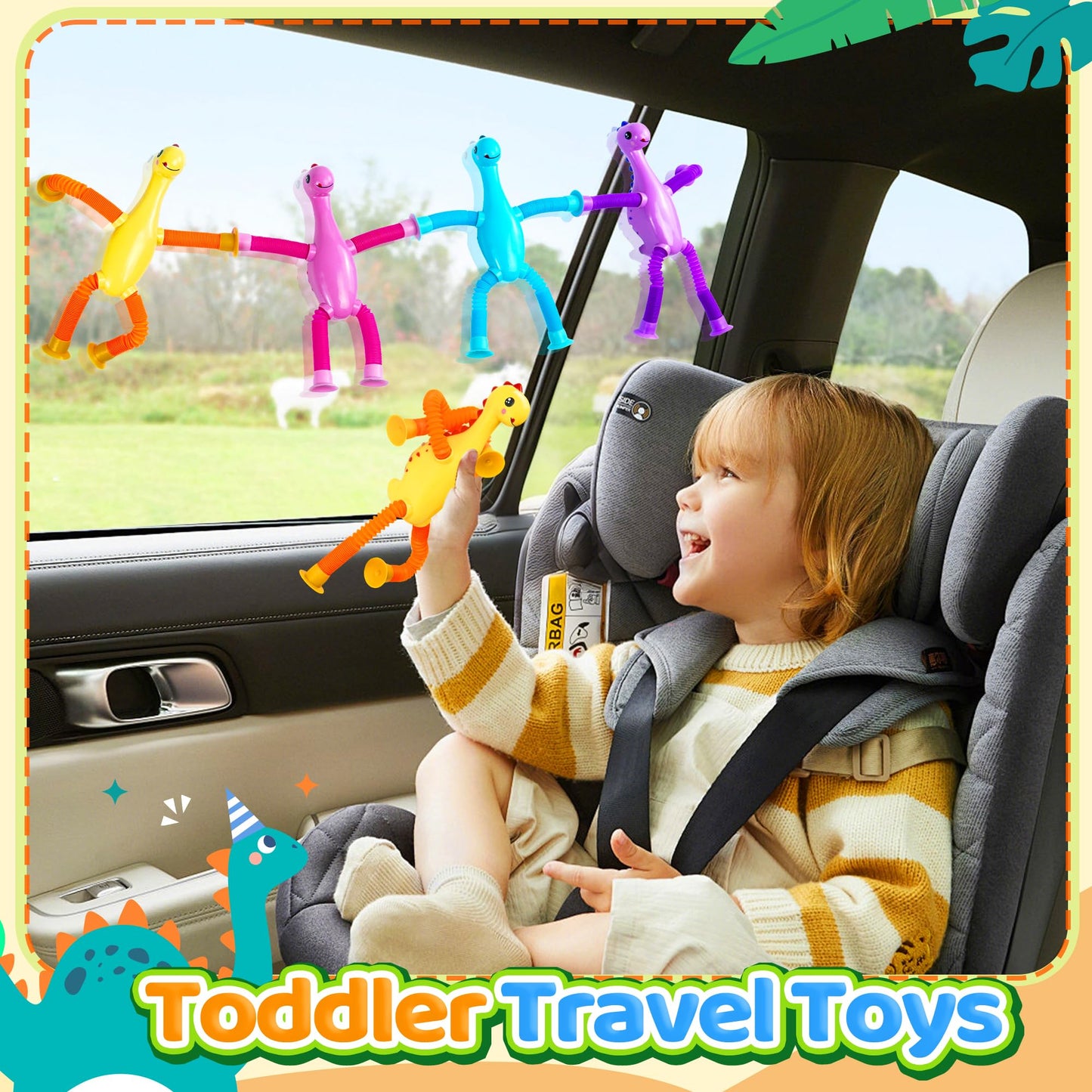 CHESLICR 4Pcs Dinosaur Travel Toys for Toddlers – Sensory Suction Cup Dino Activities