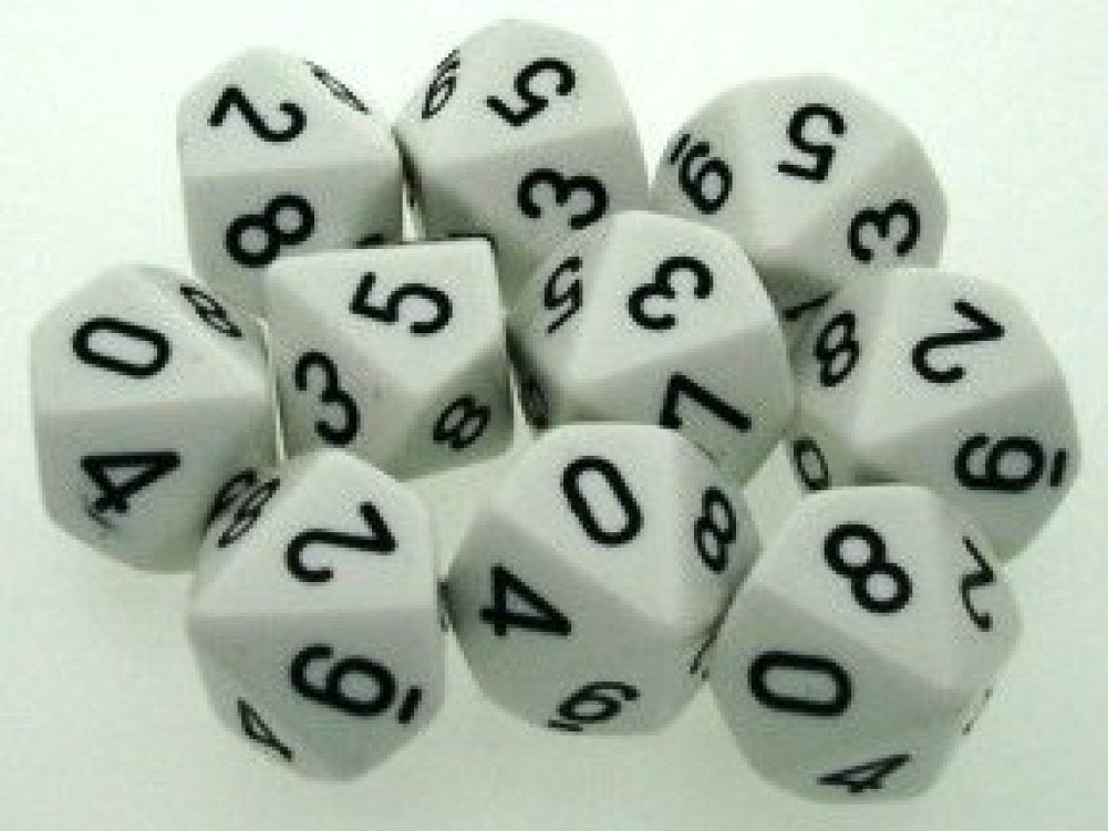 Chessex Dice Set: Opaque White with Black D10 – Ten-Sided Dice (10)