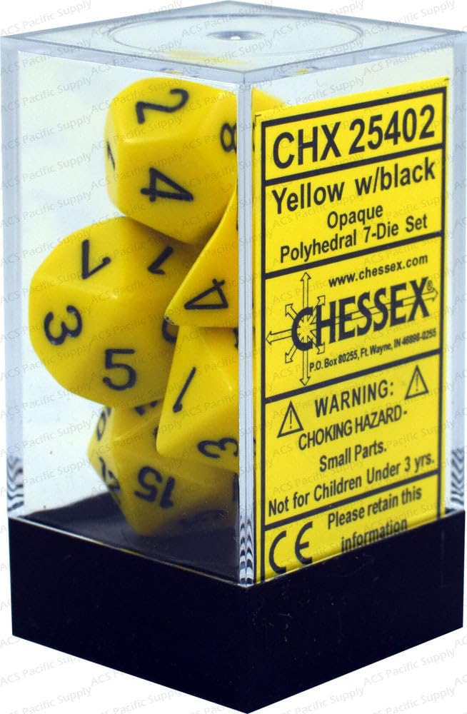 Chessex CHX25402 Dice - Opaque Yellow/Black (7pc) | High-Contrast Readability
