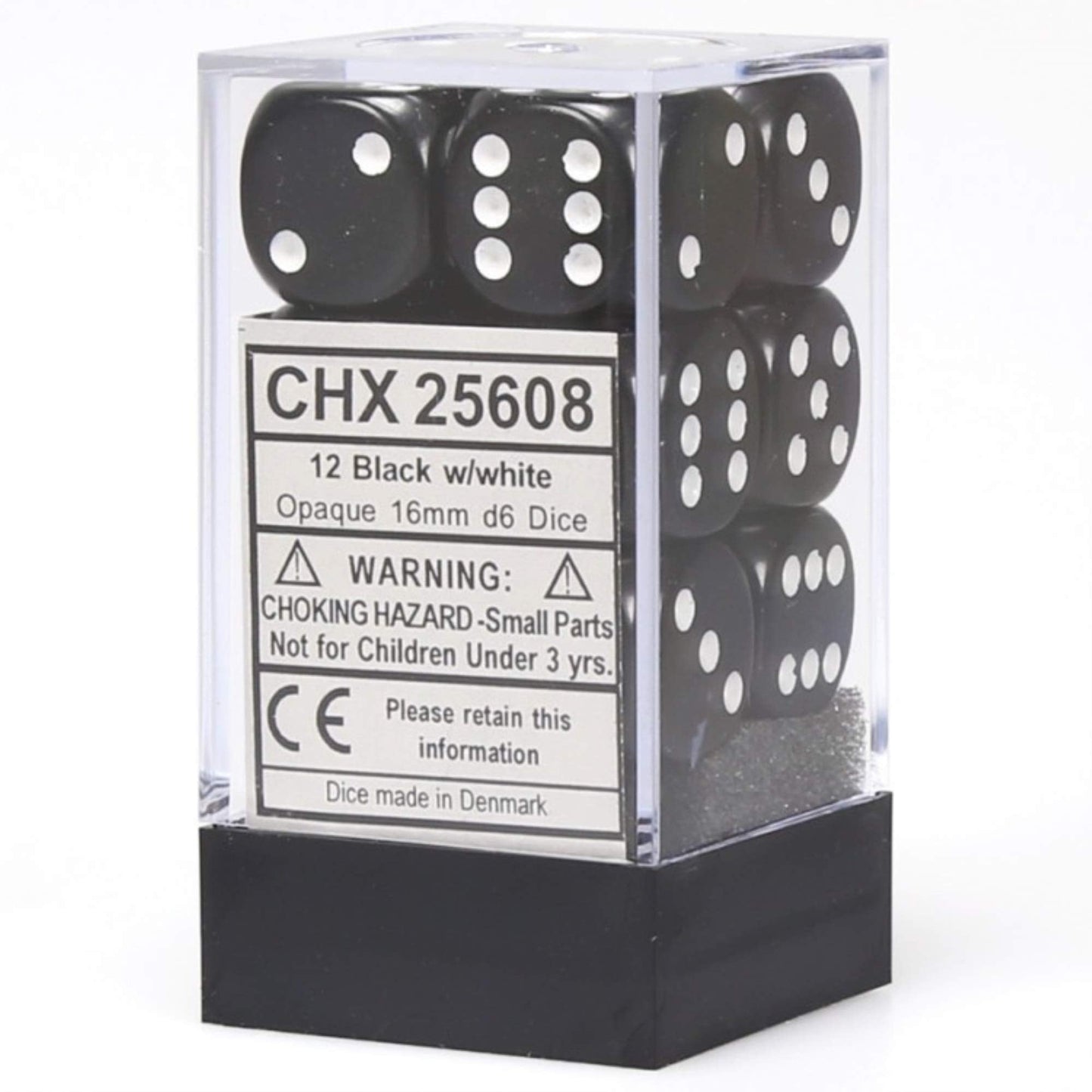 Chessex Dice Set 12 D6 16mm Black/White – 12 Dice in Display Case