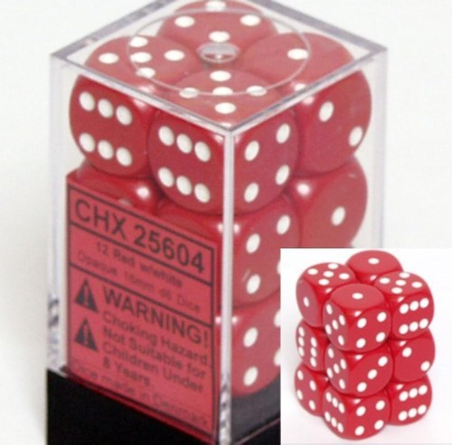 Chessex D6 Dice Sets: Opaque Red with White – 16mm (12 Dice) Block