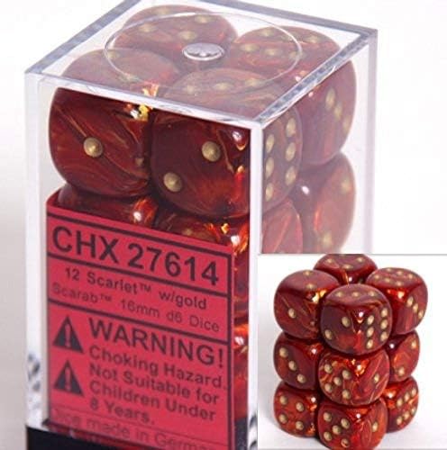 Chessex Scarab Scarlet with Gold 16mm D6 Dice Set (12) – Red Dice Block