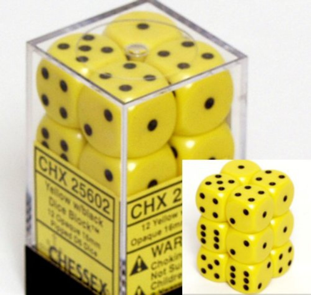Chessex Dice d6 Sets: Opaque Yellow with Black, 16mm, 12 Dice