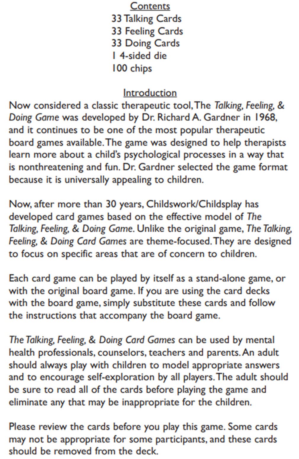 Childswork / Childsplay The Talking, Feeling, & Doing Grief Card Game - Ages 6-12