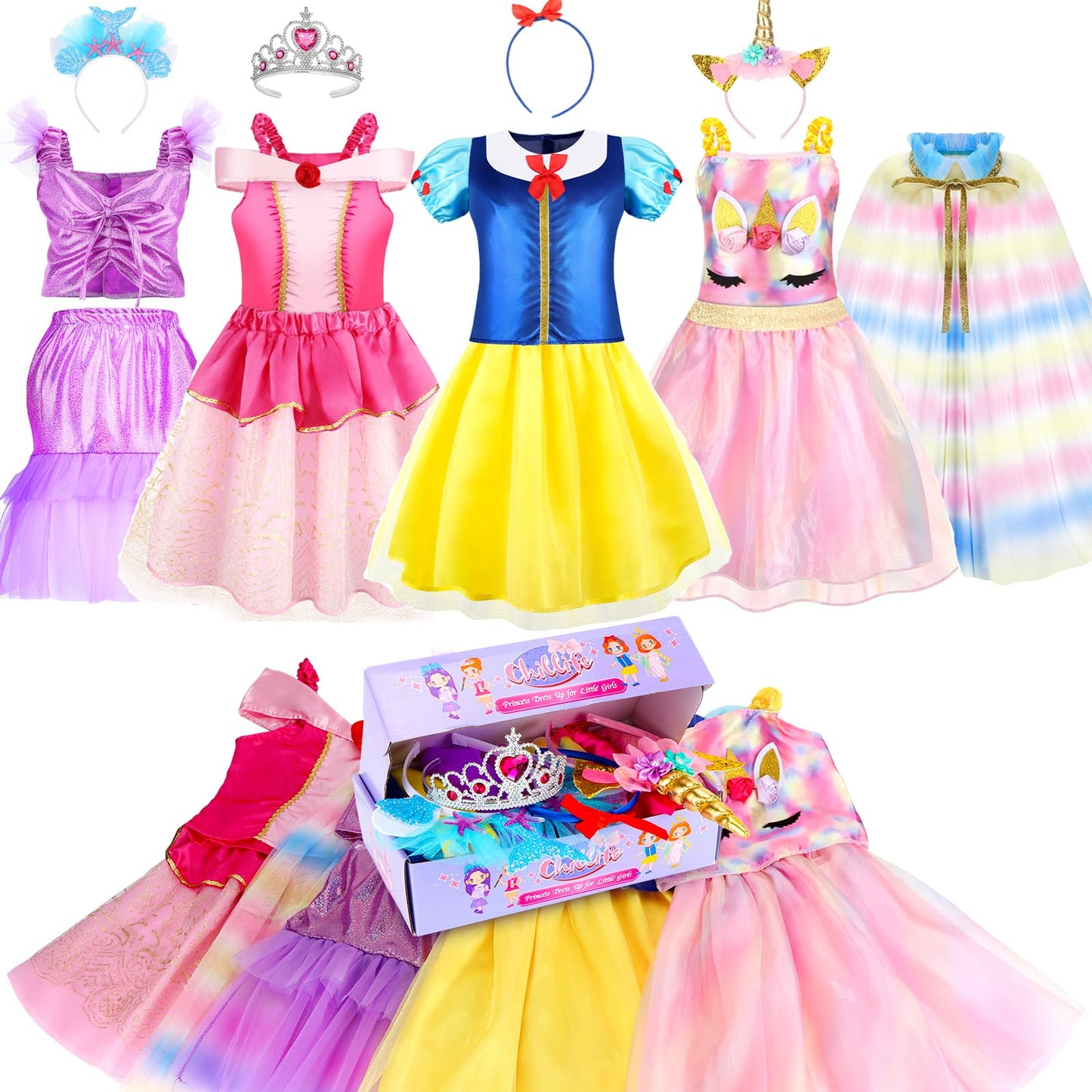 Chillife Princess Dress Up Set for Girls - 4 Themed Costumes for Ages 3-8