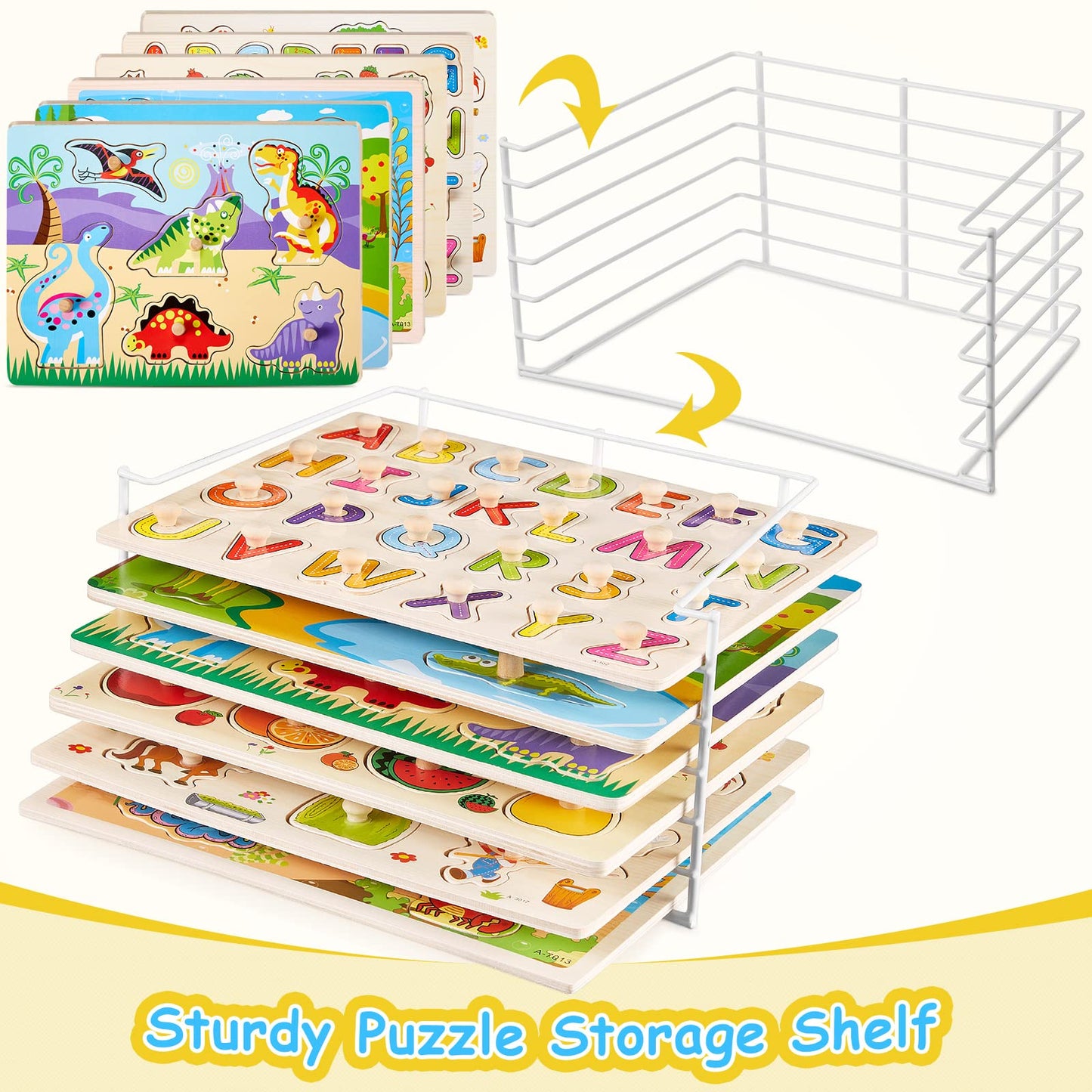 Chivao 9-Pack Wooden Peg Puzzles for Toddlers with Storage Rack | Alphabet, Numbers & Animals