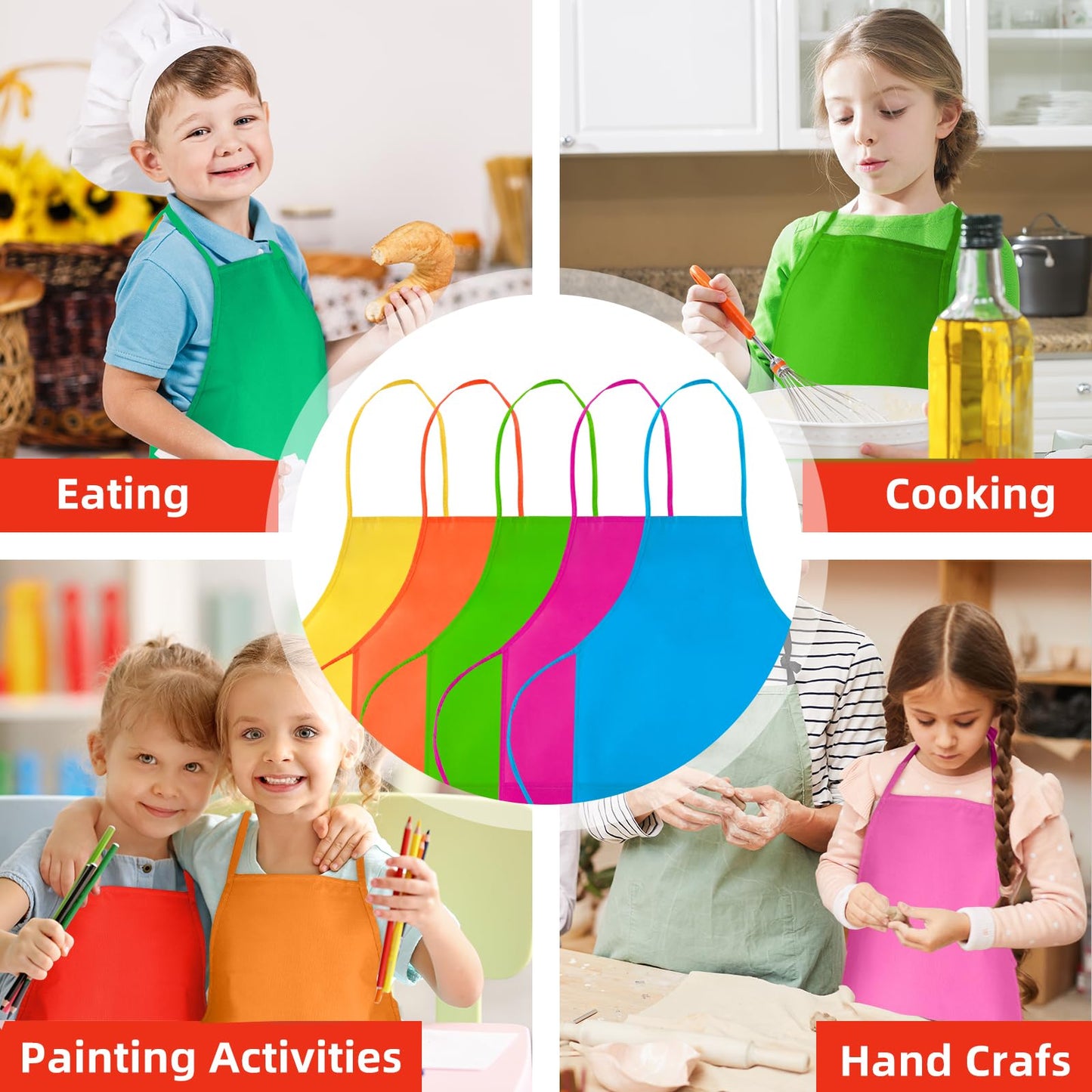 CHRORINE 6 Pack Multicolor Kids Painting Aprons - 13x19 Inch Toddler Art Smocks with 2 Pockets
