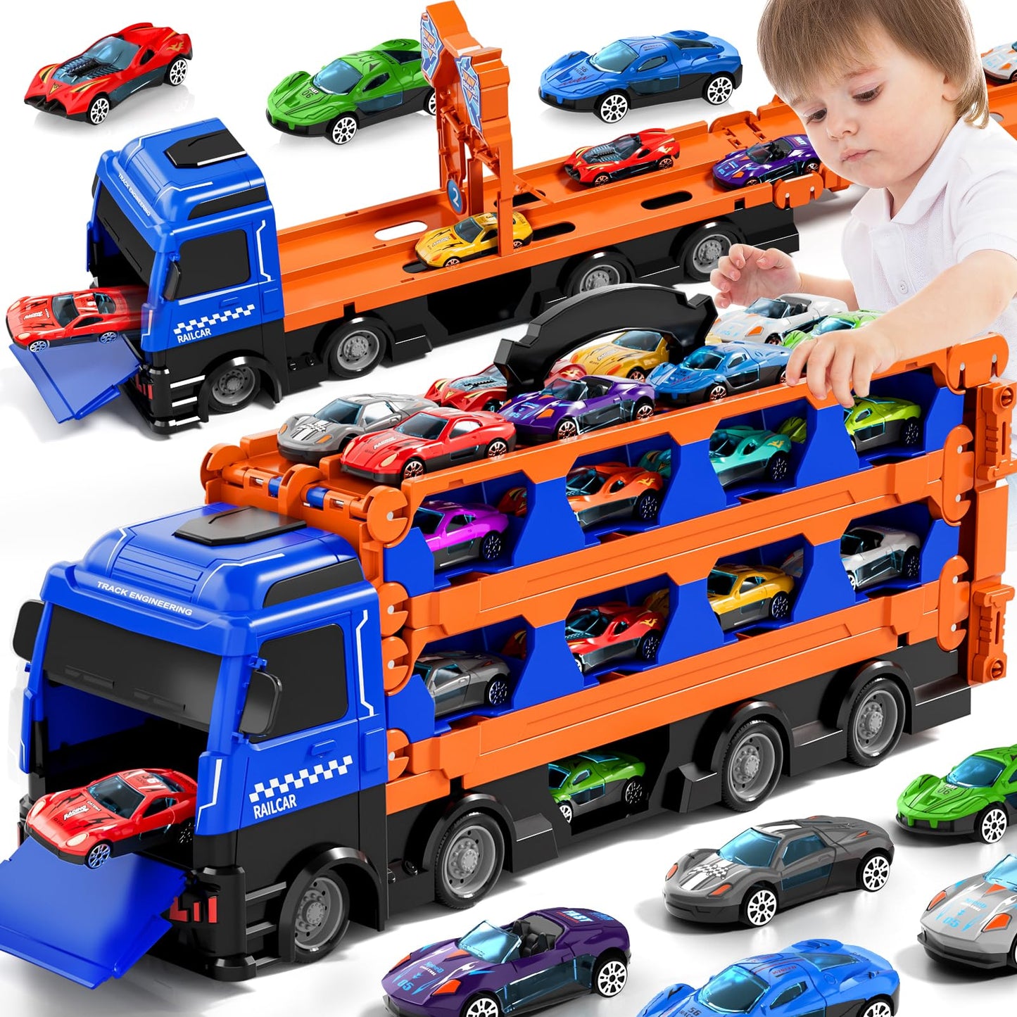 Ci Vetch Large Truck Toys for Toddlers 1-7 — 24 Die-Cast Cars + 78-Inch Race Track