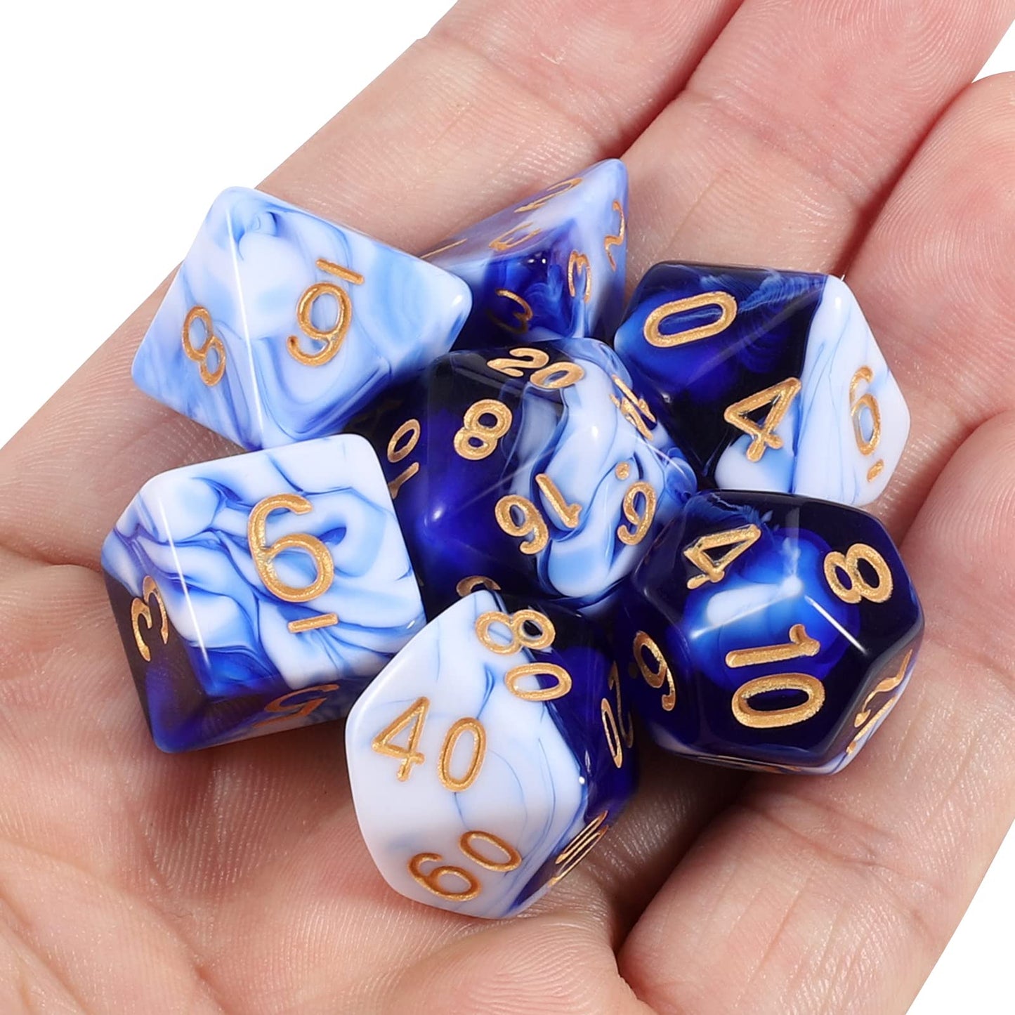 CiaraQ DND Polyhedral Dice Set with Velvet Bag – Blue Mixed White, for D&D & MTG