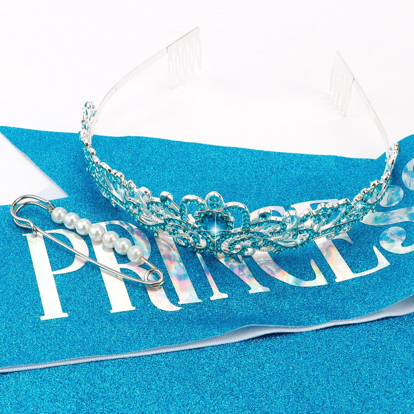 CIEHER Princess Crown and Sash Set - Blue Birthday Tiara for Girls
