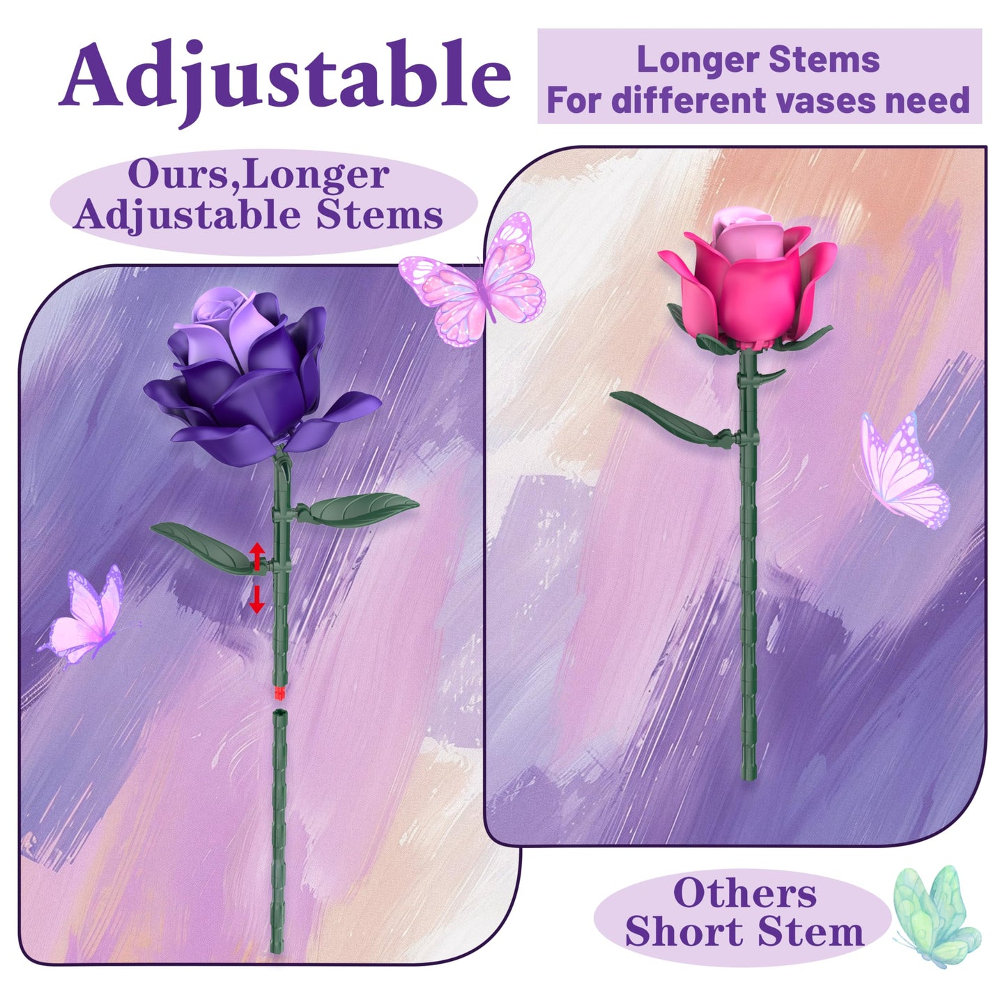 Ciesa Purple Roses Flower Bouquet Building Set — 834pcs, Lego-Compatible Gothic Decor for Adults