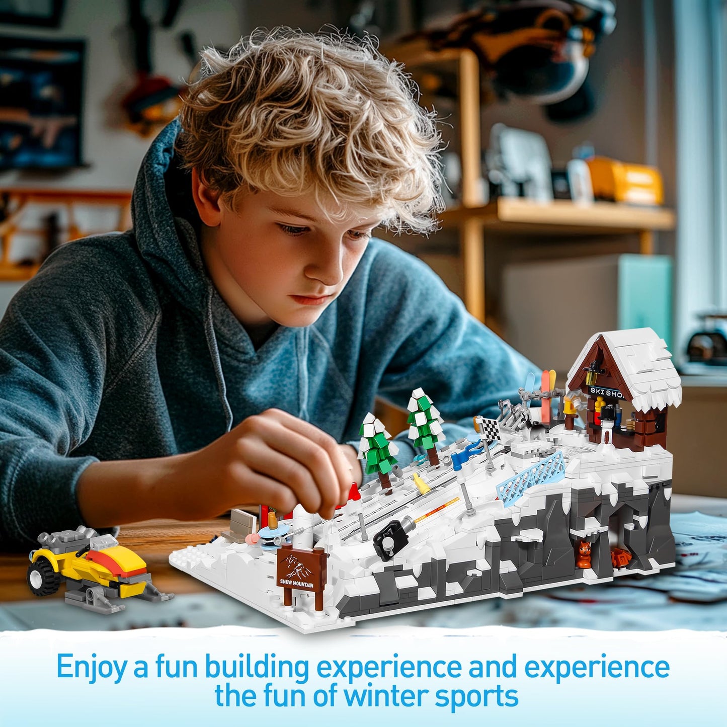 CinamixBrax Winter Ski Resort Building Block – Interactive Cable Car, Ski Shop & Snowmobile, 2200 Pcs