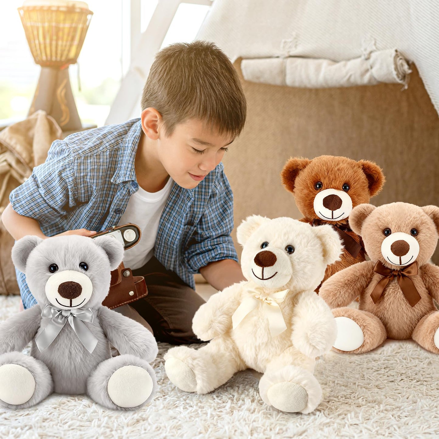 Civaner 4 Pack 14-Inch Teddy Bears Plush — Soft, Cute Stuffed Animals in Light Brown, Dark Brown, White & Gray