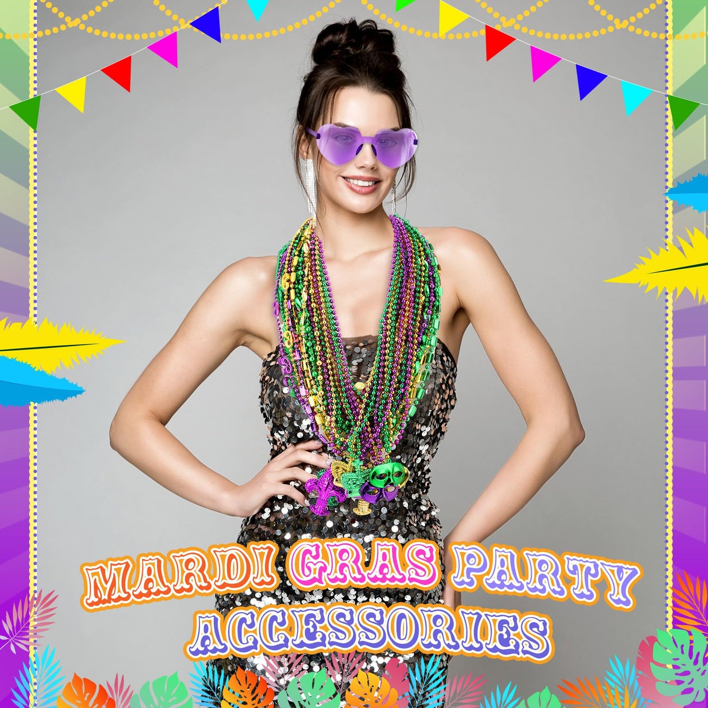 Civaner 36 Pcs Mardi Gras Beads and 3 Heart Sunglasses Bulk Set