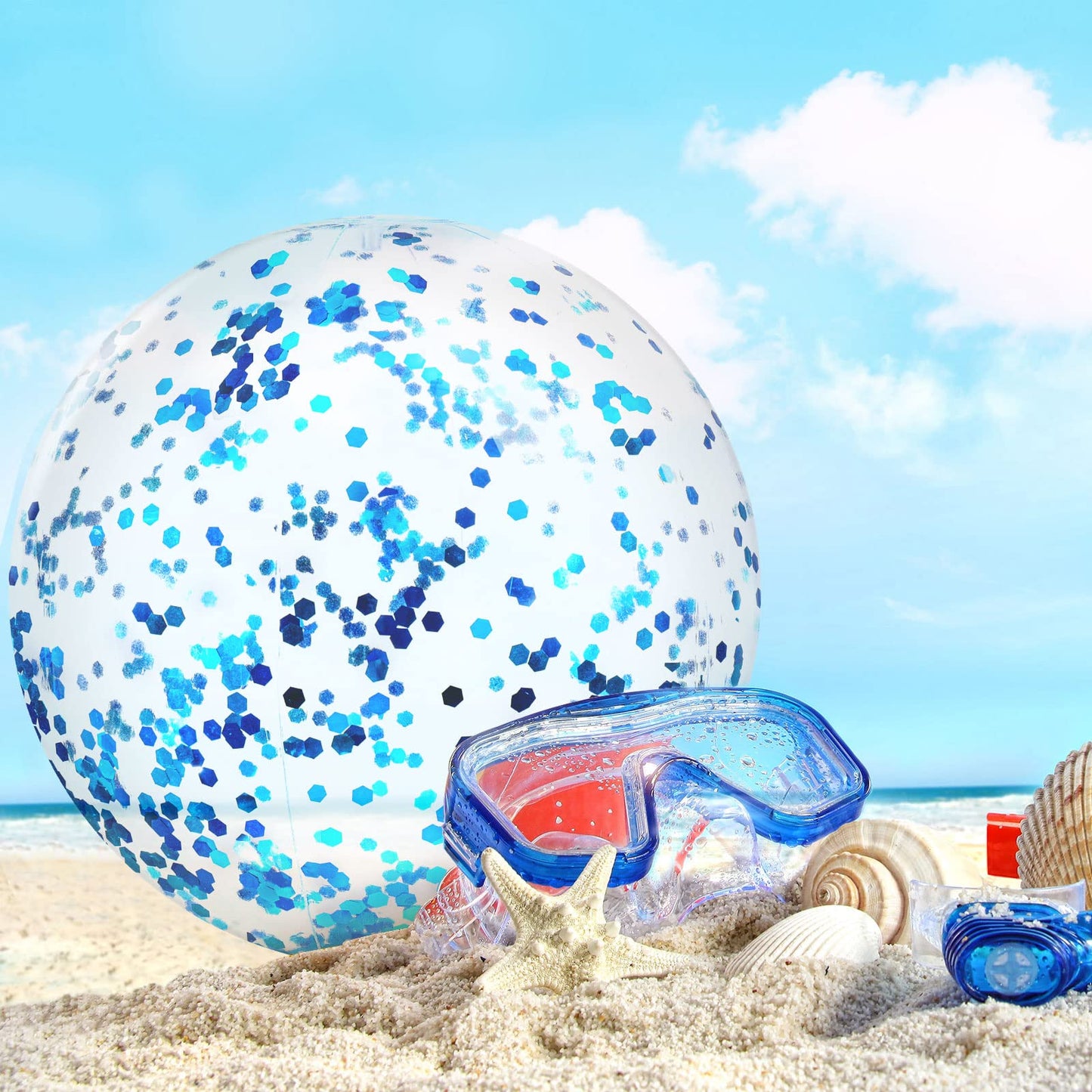 Civaner 10 Pcs Inflatable Glitter Beach Balls - 16in Blue Confetti Pool Decor
