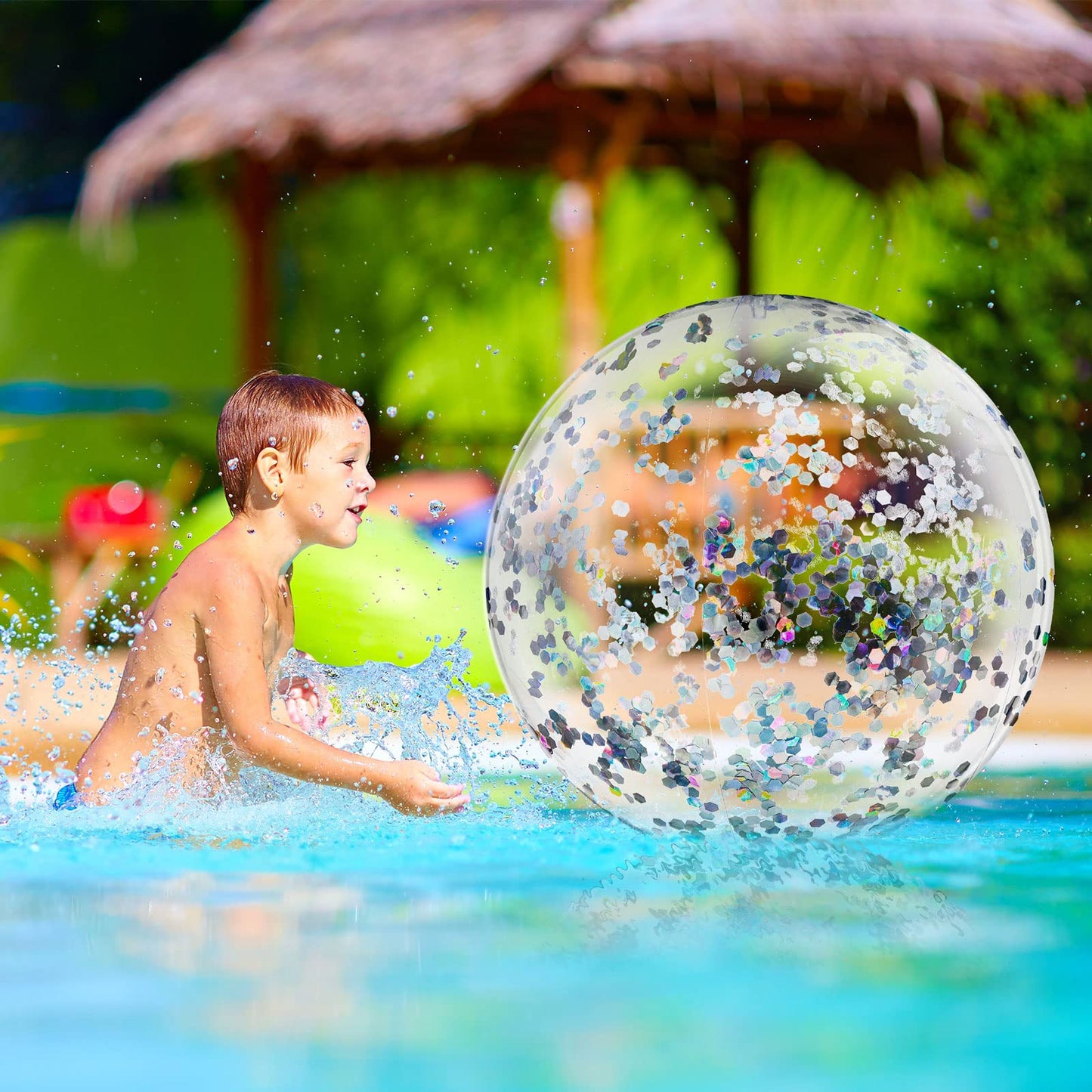 Civaner 10 Pcs Inflatable Glitter Beach Balls 16 Inch – Clear Confetti Pool Balls for Weddings & Parties (Silver Glitter)