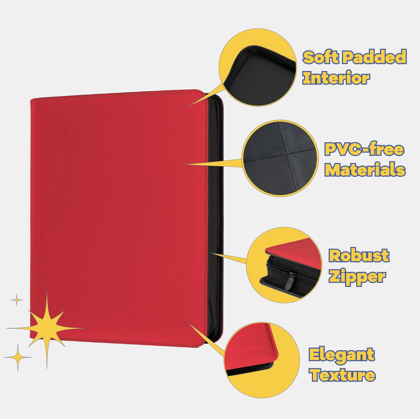 CLOVERCAT 9-Pocket Toploader Binder – Holds 252 Cards with 20 Top Loaders (Red)