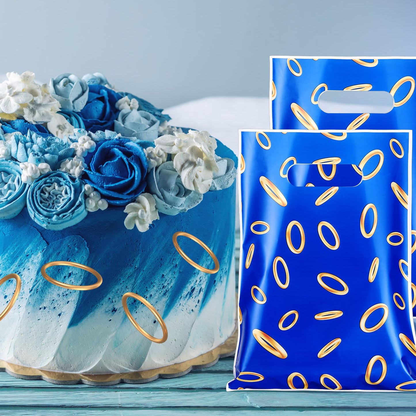 Clysee 50 Pcs Video Game Party Favors Bags – Blue with Gold Ring Print