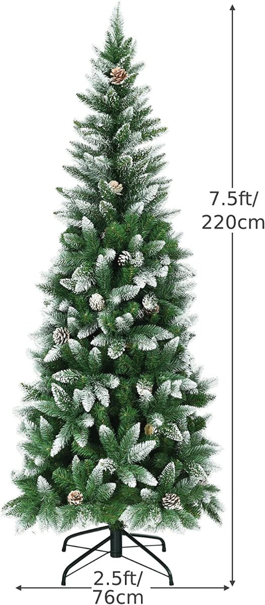 Snow-Flocked Pencil Hinged Artificial Christmas Tree with Pine Cones-5FT