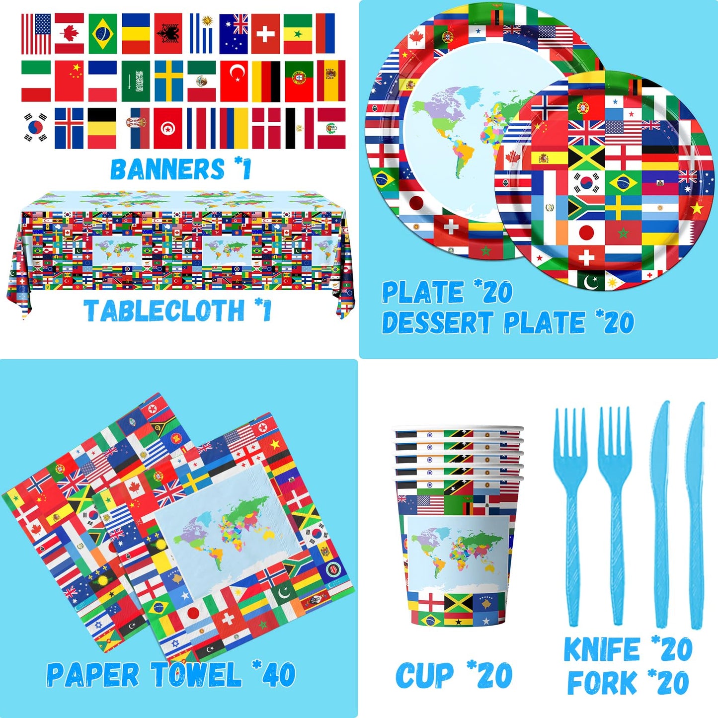 CMUSKO International World Flags Tableware Set | 142 Pcs for Travel-Themed Parties