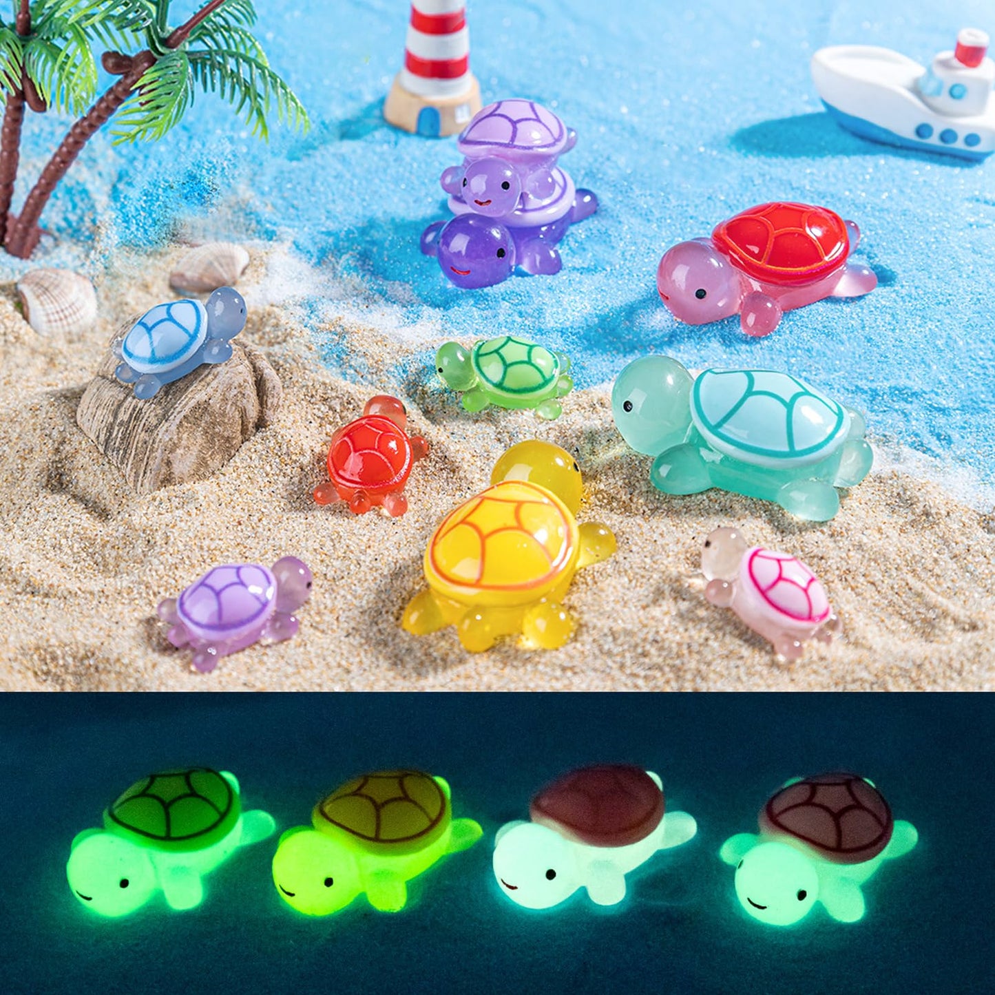 Cntjv 30 Pcs Mixed Mini Resin Turtles – Glow-in-The-Dark Ocean Figurines for Dollhouses & Gardens