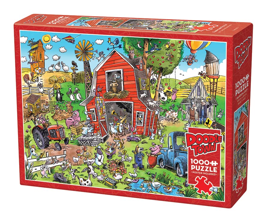 Cobble Hill 1000 Piece Puzzle – DoodleTown Farmyard Folly with Sample Poster Included | Made in North America