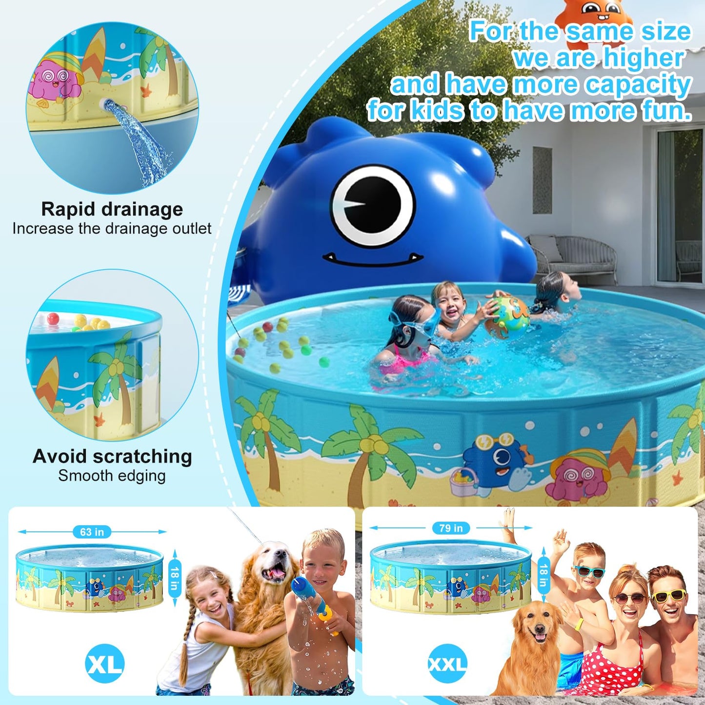 COBOPANDA Foldable Pool 63x18 Inches – Large 238-Gallon Backyard Pool for Kids, Pets & Family