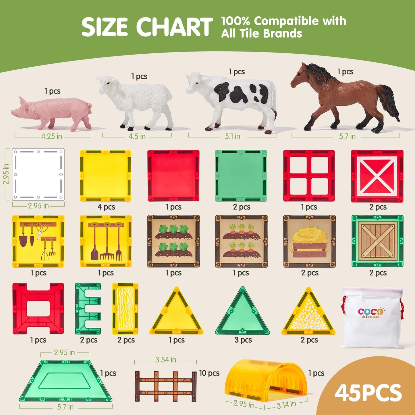 COCO&Friends 41-Piece Magnetic Farm Tiles – Montessori-Style Playset for Toddlers 3-8