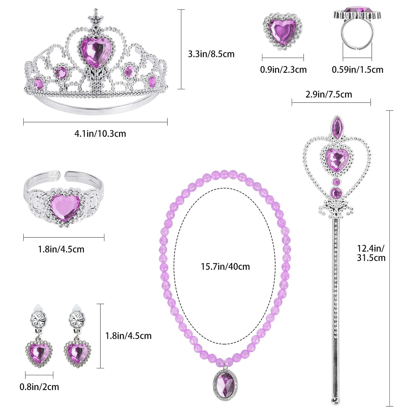 Cocojeci Princess Dress-Up 9pc Accessories Set – Gloves, Tiara, Wand, Necklace (Purple)