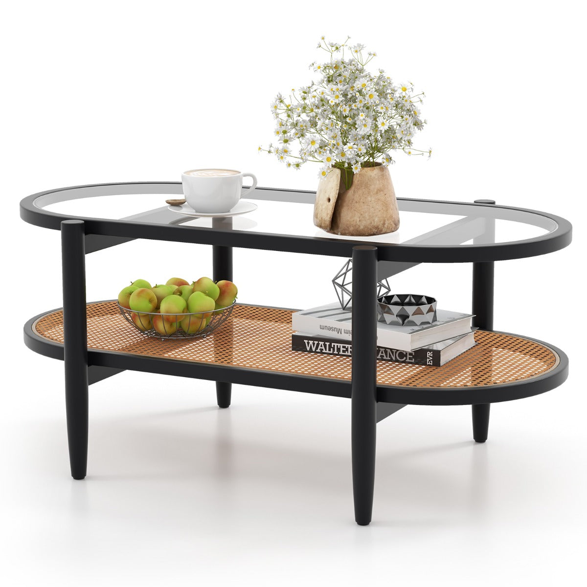 2-Tier PE Rattan Coffee Table with Storage-Brown