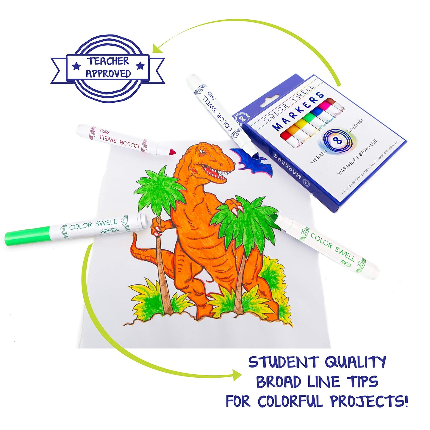 Color Swell 8-Pack Broad Line Markers – Washable, Non-Toxic for Kids, Students & Classrooms