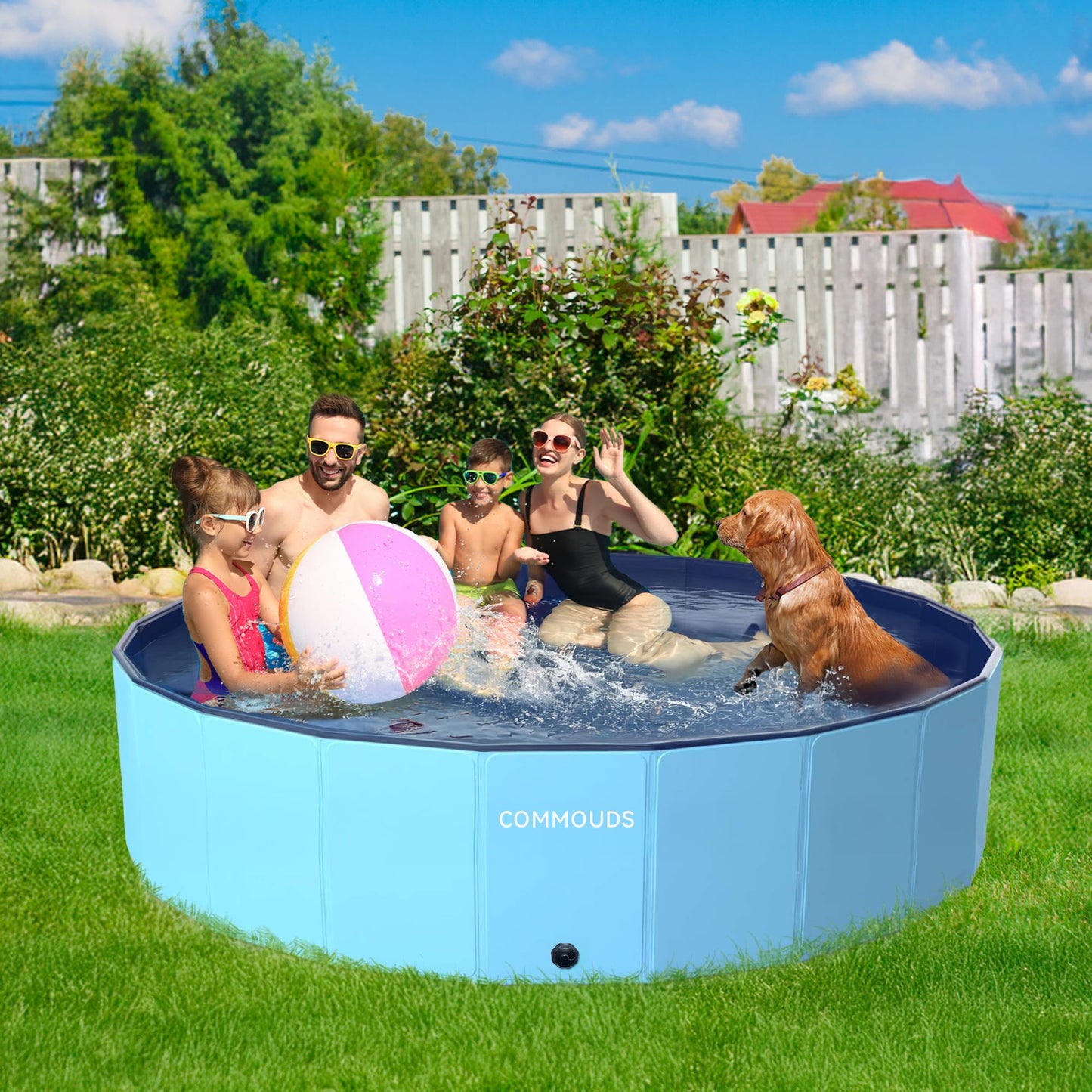 COMMOUDS 97-Inch Extra Large Foldable Dog Pool – Portable, Collapsible Pet Bath & Wading Pool